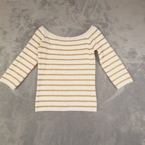 Vanity Womens Sweater Knit Pullover Striped 3/4 Sleeve Lace Collar Beige Brown M